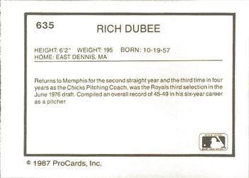 1987 ProCards #635 Rich Dubee Back