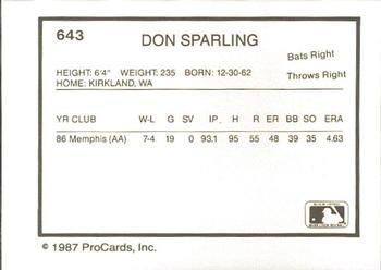 1987 ProCards #643 Don Sparling Back