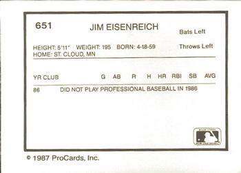 1987 ProCards #651 Jim Eisenreich Back