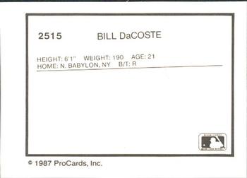 1987 ProCards #2515 Bill Dacosta Back