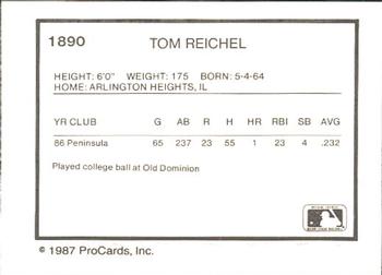 1987 ProCards #1890 Tom Reichel Back