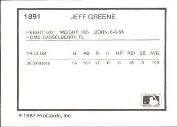 1987 ProCards #1891 Jeff Greene Back
