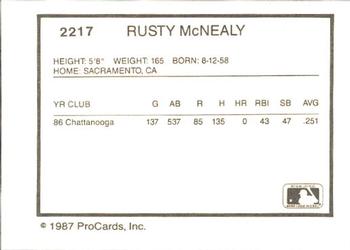 1987 ProCards #2217 Rusty McNealy Back
