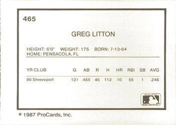 1987 ProCards #465 Greg Litton Back