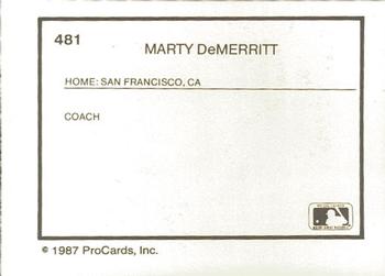 1987 ProCards #481 Marty DeMerritt Back