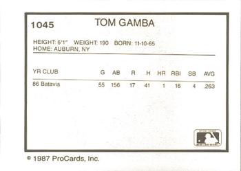1987 ProCards #1045 Tom Gamba Back