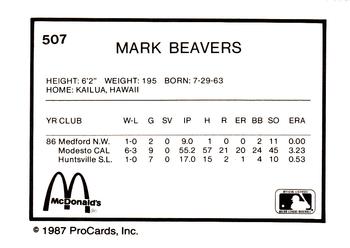 1987 ProCards #507 Mark Beavers Back