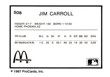 1987 ProCards #508 Jim Carroll Back