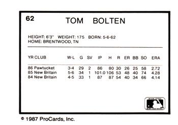 1987 ProCards #62 Tom Bolton Back