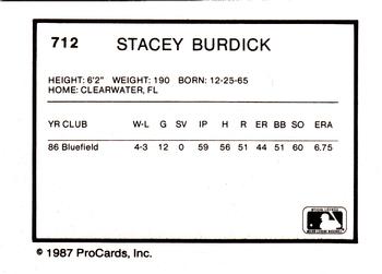 1987 ProCards #712 Stacey Burdick Back