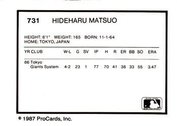 1987 ProCards #731 Hideharu Matsuo Back