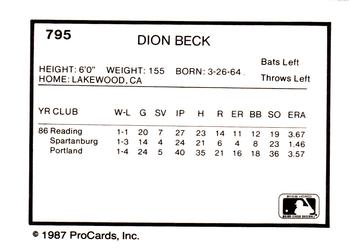 1987 ProCards #795 Dion Beck Back