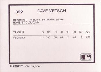 1987 ProCards #892 Dave Vetsch Back