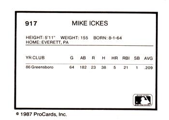 1987 ProCards #917 Mike Ickes Back