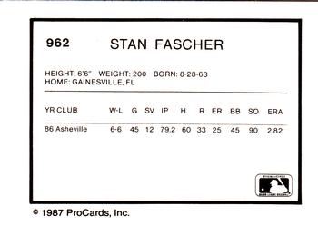 1987 ProCards #962 Stan Fascher Back