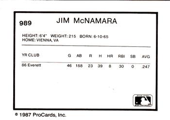 1987 ProCards #989 Jim McNamara Back