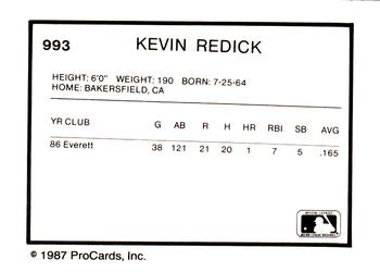 1987 ProCards #993 Kevin Redick Back