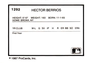 1987 ProCards #1292 Hector Berrios Back