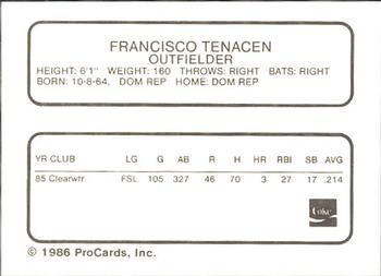 1986 ProCards Tampa Tarpons #NNO Francisco Tenacen Back