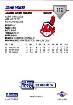 1992 SkyBox Team Sets AA #112 Dave Mlicki Back