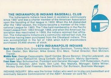 1979 Indianapolis Indians #1 Team Photo Back