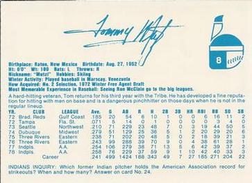 1979 Indianapolis Indians #8 Tommy Mutz Back