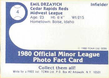 1980 TCMA Cedar Rapids Reds #4 Emil Drzayich Back