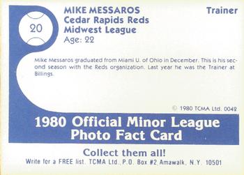1980 TCMA Cedar Rapids Reds #20 Mike Messaros Back