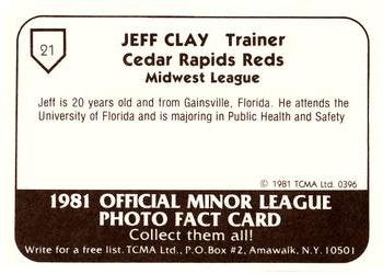 1981 TCMA Cedar Rapids Reds #21 Jeff Clay Back