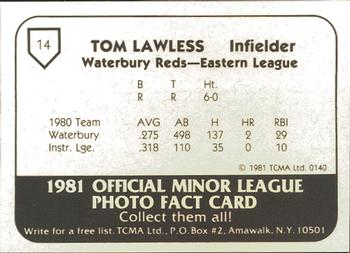 1981 TCMA Waterbury Reds #14 Tom Lawless Back