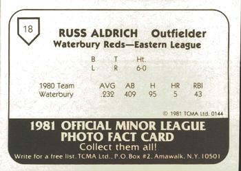 1981 TCMA Waterbury Reds #18 Russ Aldrich Back