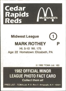 1982 TCMA Cedar Rapids Reds #1 Mark Rothey Back