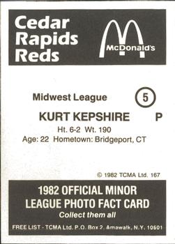 1982 TCMA Cedar Rapids Reds #5 Kurt Kepshire Back