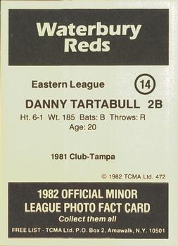 1982 TCMA Waterbury Reds #14 Danny Tartabull Back