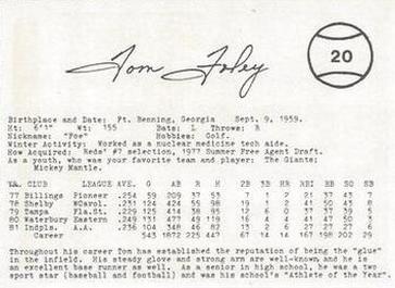1982 Indianapolis Indians #20 Tom Foley Back