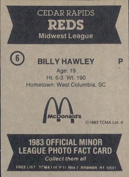 1983 TCMA Cedar Rapids Reds #6 Billy Hawley Back