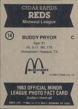 1983 TCMA Cedar Rapids Reds #14 Buddy Pryor Back