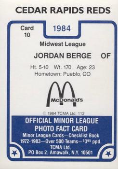 1984 TCMA Cedar Rapids Reds #10 Jordan Berge Back