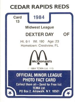 1984 TCMA Cedar Rapids Reds #13 Dexter Day Back