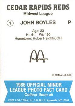 1985 TCMA Cedar Rapids Reds #1 John Boyles Back