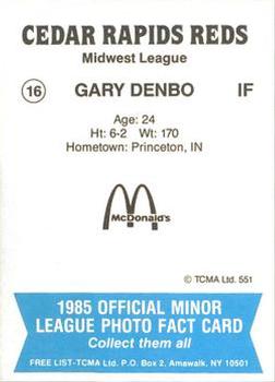1985 TCMA Cedar Rapids Reds #16 Gary Denbo Back