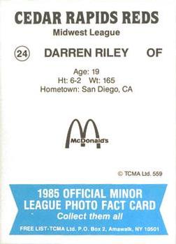 1985 TCMA Cedar Rapids Reds #24 Darren Riley Back
