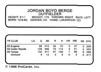 1986 ProCards Vermont Reds #NNO Jordan Berge Back