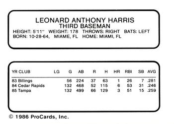 1986 ProCards Vermont Reds #NNO Lenny Harris Back