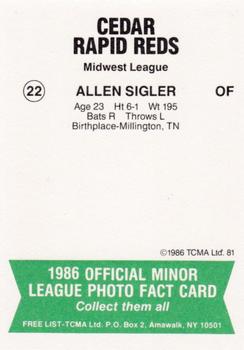 1986 TCMA Cedar Rapids Reds #22 Allen Sigler Back