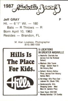 1987 Nashville Sounds #8 Jeff Gray Back
