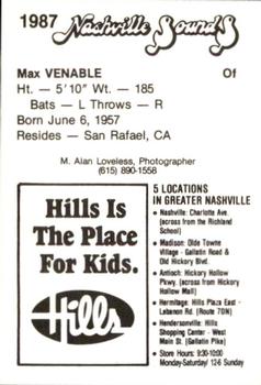 1987 Nashville Sounds #23 Max Venable Back