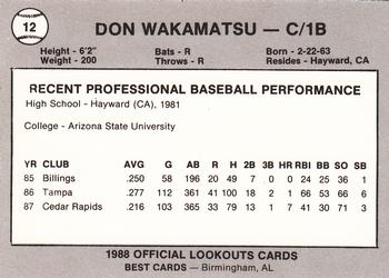 1988 Best Chattanooga Lookouts #12 Don Wakamatsu Back