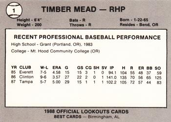 1988 Best Chattanooga Lookouts #1 Timber Mead Back