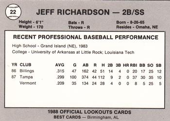 1988 Best Chattanooga Lookouts #22 Jeff Richardson Back